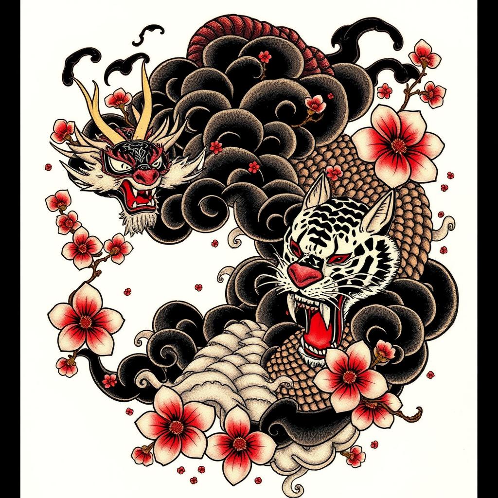 A detailed and vibrant Irezumi tattoo design showcasing the elements of the Kurokumo clan