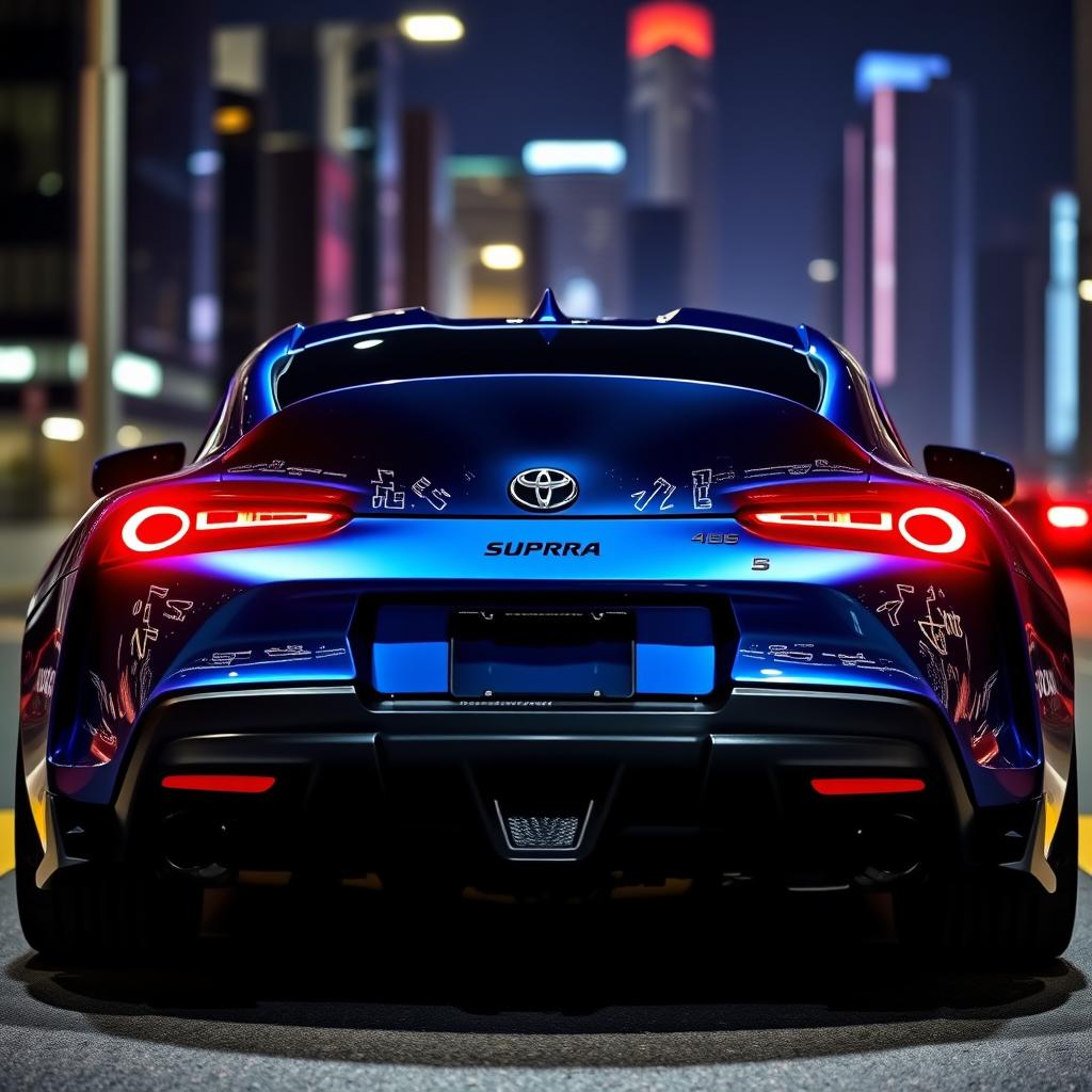 An aggressive rear view of a Toyota Supra, showcasing its sleek lines and powerful stance