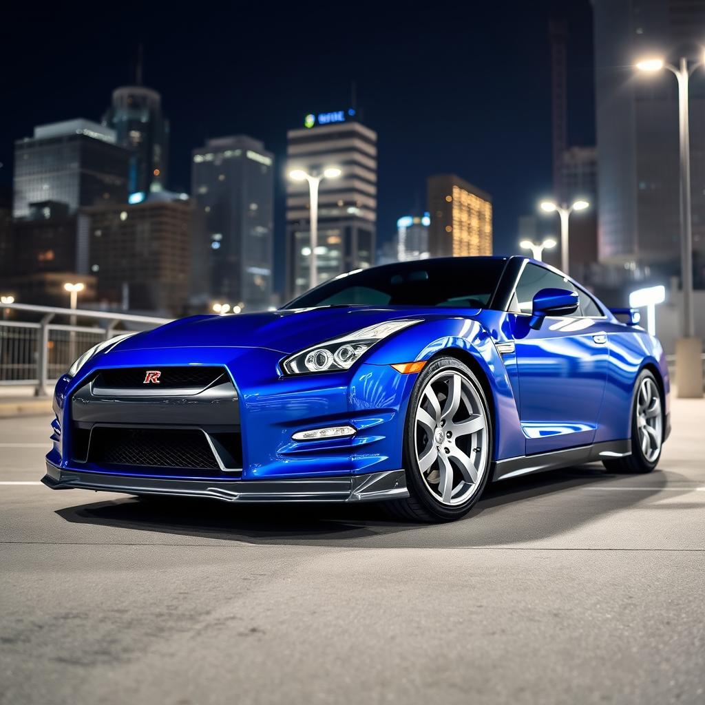 A stunning Nissan R35 GT-R in a vibrant blue color, parked in an urban setting with city lights reflecting off its glossy finish