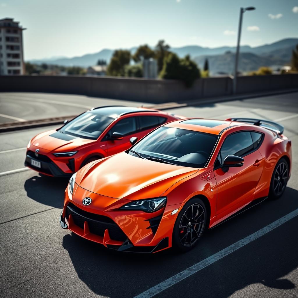 A stunning scene featuring a vibrant orange Toyota MK4 parked next to a sleek Lamborghini Urus