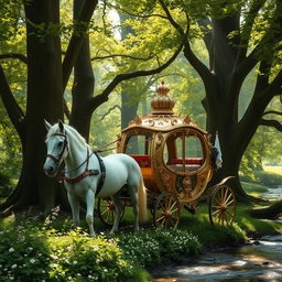 A majestic royal carriage adorned with intricate gold detailing, nestled within a magical forest