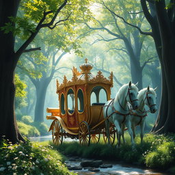 A majestic royal carriage adorned with intricate gold detailing, nestled within a magical forest