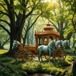 A majestic royal carriage adorned with intricate gold detailing, nestled within a magical forest