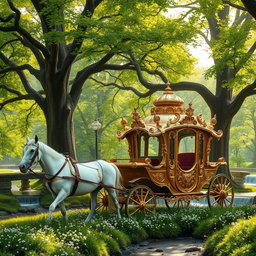 A majestic royal carriage adorned with intricate gold detailing, nestled within a magical forest