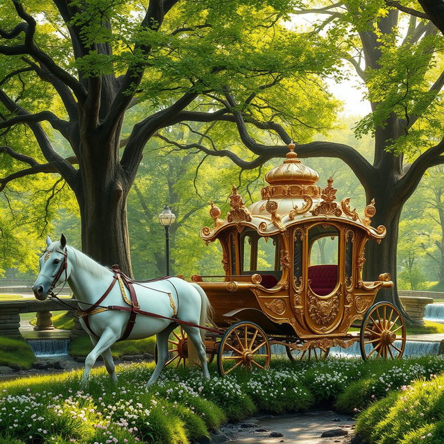 A majestic royal carriage adorned with intricate gold detailing, nestled within a magical forest