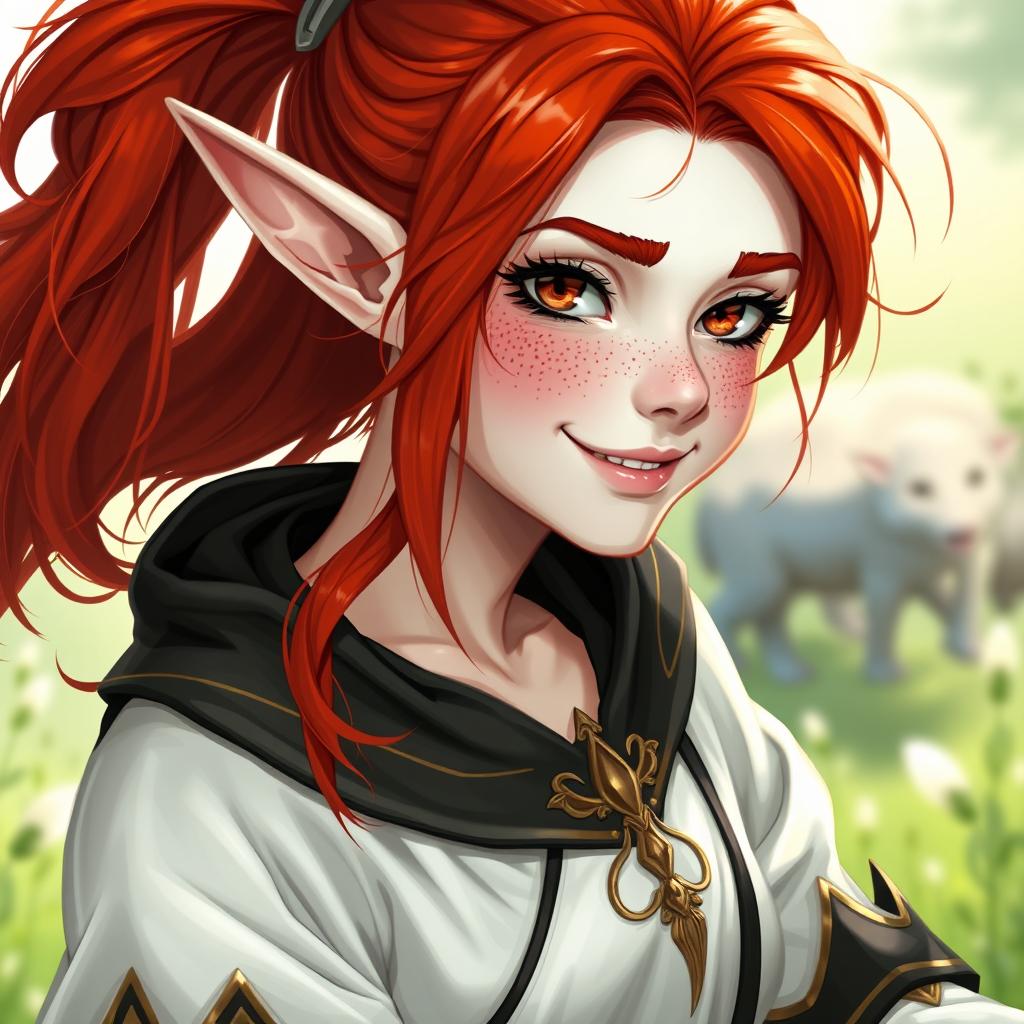 A half elf cleric with vibrant red hair and playful freckles, wearing flowing robes that are primarily white with black accents and adorned with intricate gold trim