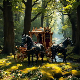 A beautifully ornate royal carriage, exquisitely decorated with gold filigree and plush velvet seats, elegantly positioned in a dense, mystical forest