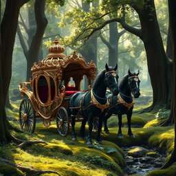 A beautifully ornate royal carriage, exquisitely decorated with gold filigree and plush velvet seats, elegantly positioned in a dense, mystical forest