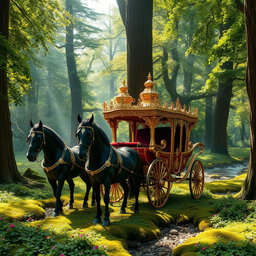 A beautifully ornate royal carriage, exquisitely decorated with gold filigree and plush velvet seats, elegantly positioned in a dense, mystical forest