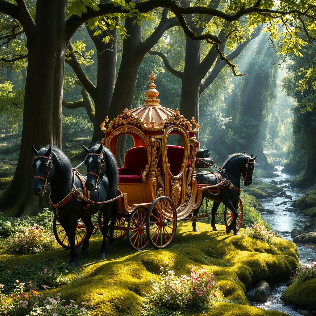 A beautifully ornate royal carriage, exquisitely decorated with gold filigree and plush velvet seats, elegantly positioned in a dense, mystical forest