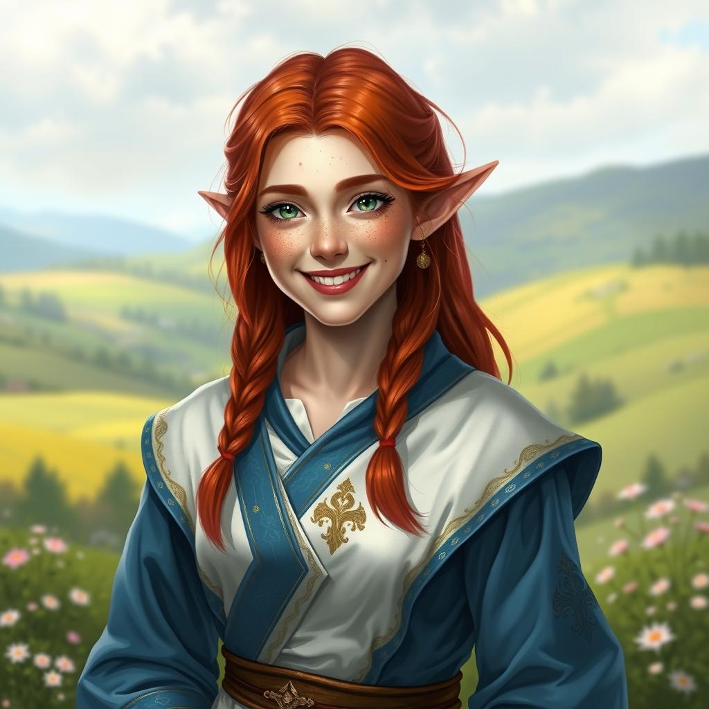 A half elf cleric with striking red hair and charming freckles, dressed in elegant robes that are primarily white with beautiful blue accents and embellished with intricate gold trim