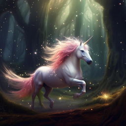 A unicorn prancing in a magical forest with sparkles trailing from its mane