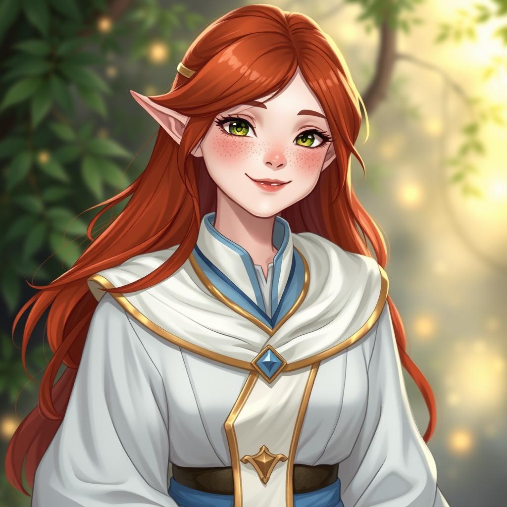 A half elf cleric with long, flowing red hair and an abundance of cute freckles, dressed in elegant robes that are primarily white with light blue accents and adorned with beautiful gold trim