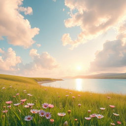 A captivating and dreamy aesthetic scene featuring soft pastel colors blending harmoniously, with ethereal clouds floating above a serene landscape