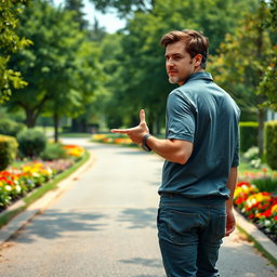 A hyper-realistic image of a man walking away in a park, exhibiting a demeanor of indifference
