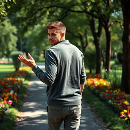 A hyper-realistic image of a man walking away in a park, exhibiting a demeanor of indifference