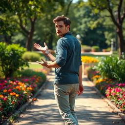 A hyper-realistic image of a man walking away in a park, exhibiting a demeanor of indifference
