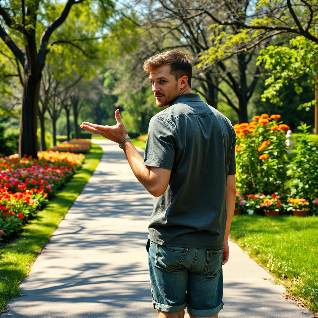 A hyper-realistic image of a man walking away in a park, exhibiting a demeanor of indifference