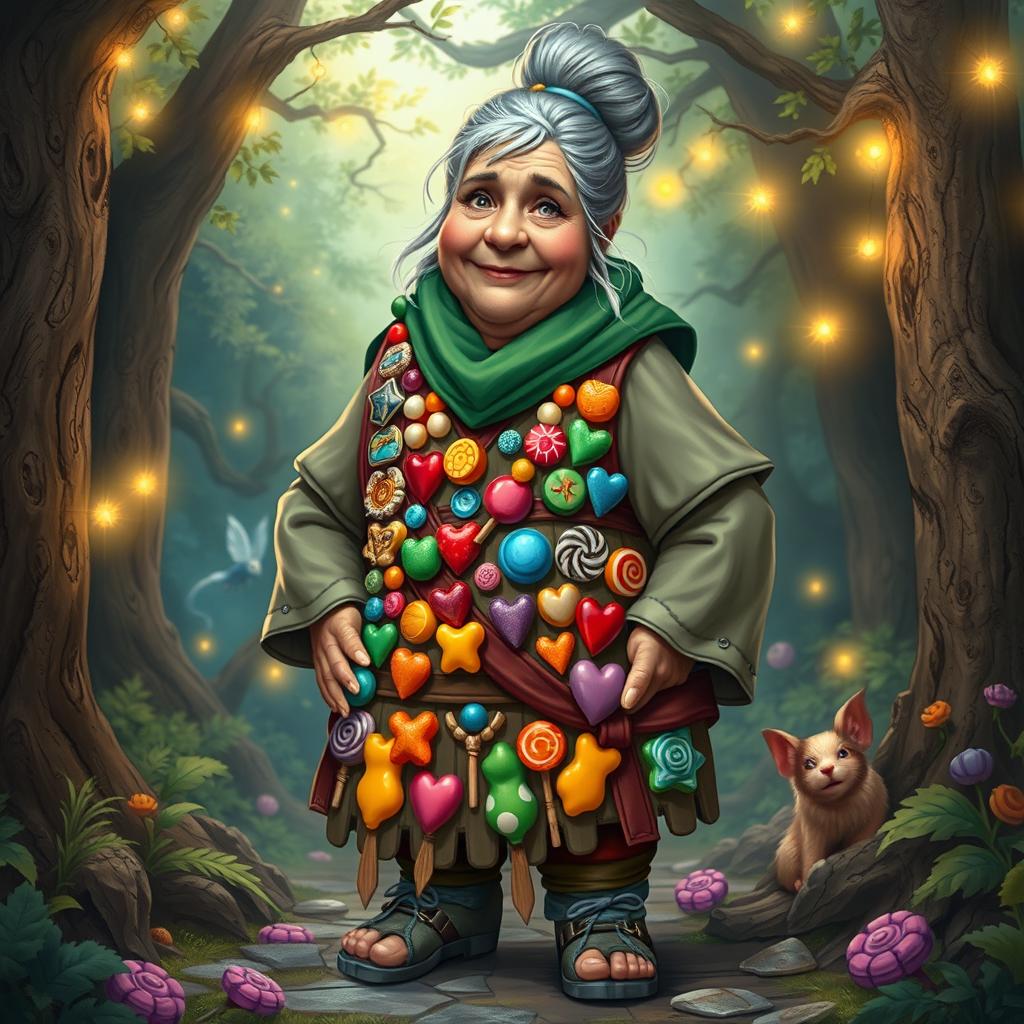 An elderly and portly female dwarf girl scout leader depicted in Dungeons & Dragons fantasy art style, standing proudly in a magical forest environment