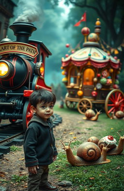 A magical train with scarlet wheels and a sign reading "HEART OF THE PATH" stands majestically in the foreground