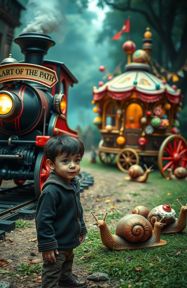 A magical train with scarlet wheels and a sign reading "HEART OF THE PATH" stands majestically in the foreground