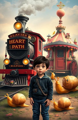A magical train with scarlet wheels and a sign reading "HEART OF THE PATH" stands majestically in the foreground