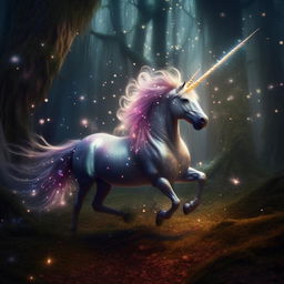 A unicorn prancing in a magical forest with sparkles trailing from its mane