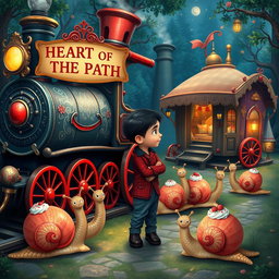 A magical train adorned with scarlet wheels and a sign that reads "HEART OF THE PATH" is prominently placed in the scene