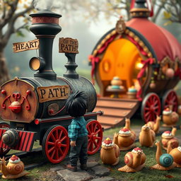 A magical train adorned with scarlet wheels and a sign that reads "HEART OF THE PATH" is prominently placed in the scene