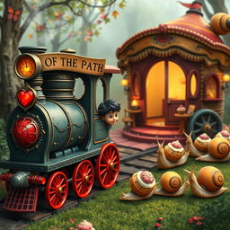 A magical train adorned with scarlet wheels and a sign that reads "HEART OF THE PATH" is prominently placed in the scene