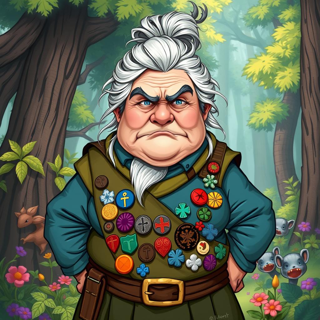 An elderly and portly female dwarf girl scout leader depicted in a whimsical Dungeons & Dragons fantasy art style, standing in a vibrant forest