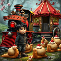 A magical train with scarlet wheels and a sign that reads "HEART OF THE PATH" is displayed prominently in the scene