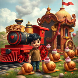 A magical train with scarlet wheels and a sign that reads "HEART OF THE PATH" is displayed prominently in the scene