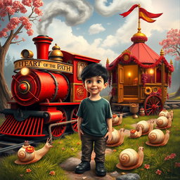 A magical train with scarlet wheels and a sign that reads "HEART OF THE PATH" is displayed prominently in the scene