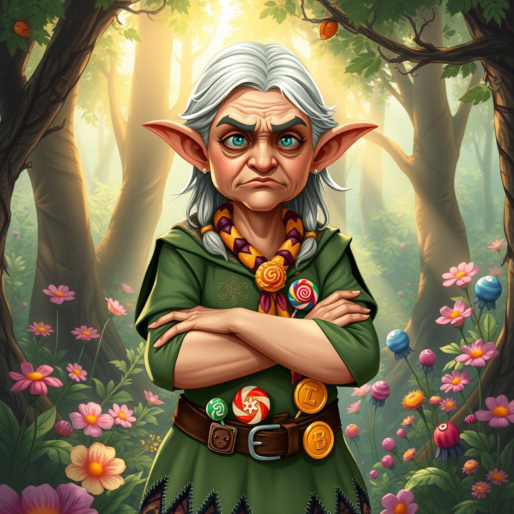 An elderly female elf girl scout leader depicted in a whimsical Dungeons & Dragons fantasy art style, standing in an enchanting forest
