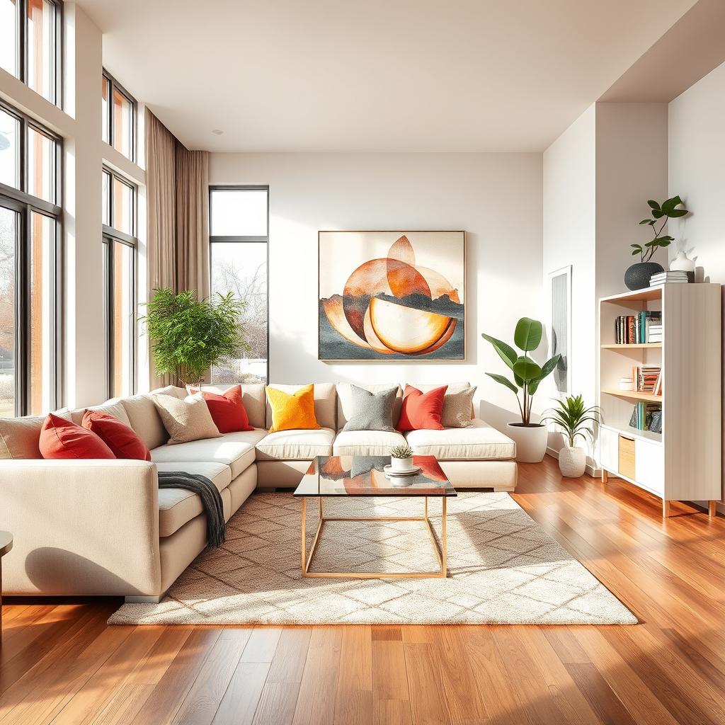 A beautifully designed, modern interior space showcasing a cozy living room