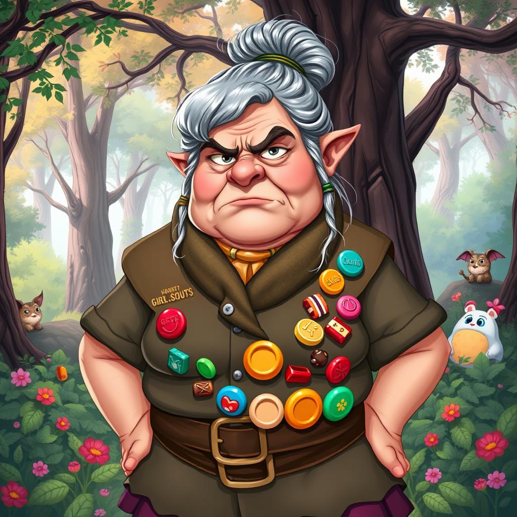 An elderly and portly female dwarf girl scout leader depicted in a whimsical Dungeons & Dragons fantasy art style, standing in a vibrant forest