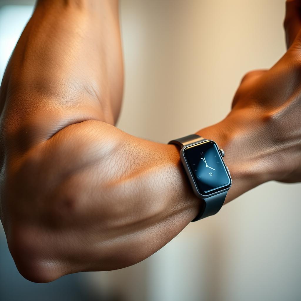 An ultra-realistic image of a muscular man's arm, showcasing a detailed and defined bicep and forearm