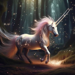 A unicorn prancing in a magical forest with sparkles trailing from its mane