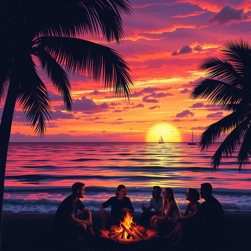 An artistic depiction of a vibrant summer sunset over a calm ocean, with waves gently lapping against the shore