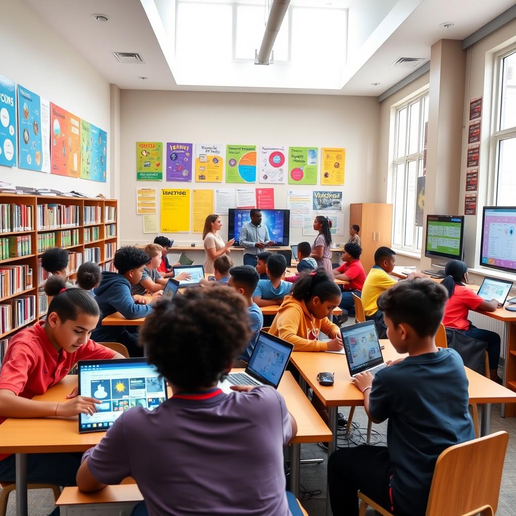 A vibrant and engaging digital learning club environment, featuring students of diverse backgrounds sitting at desks with laptops open, collaborating on projects