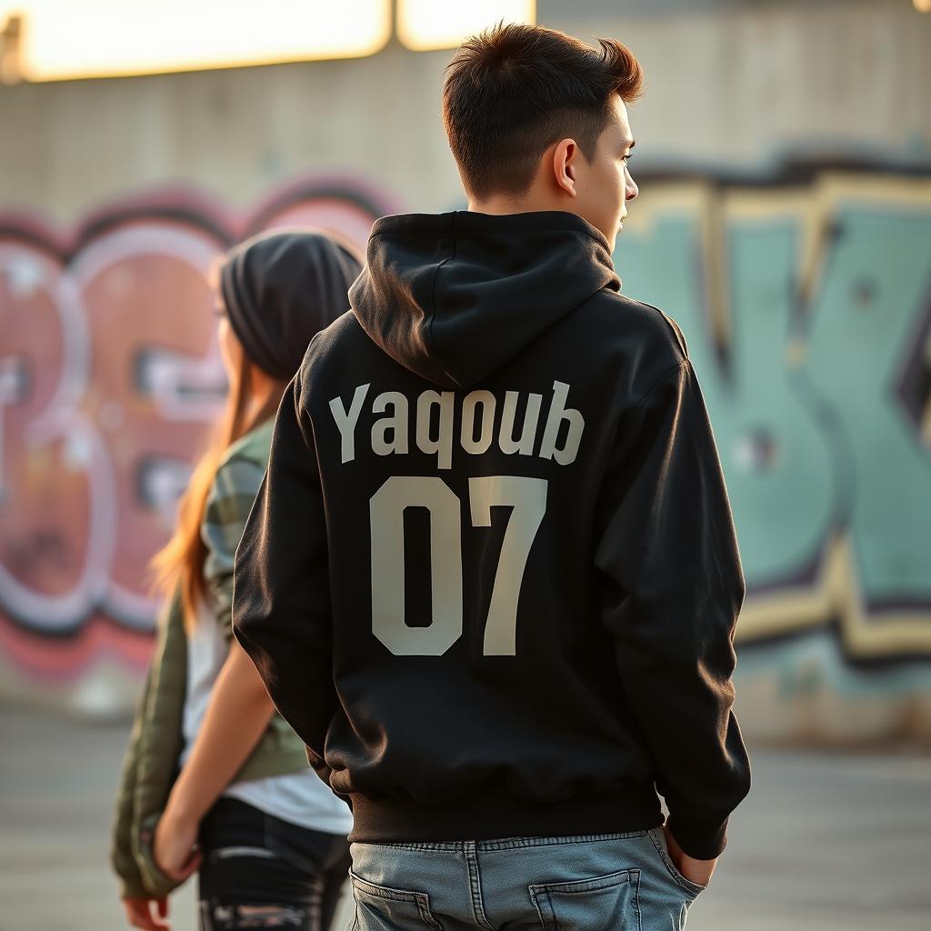 An 18-year-old boy wearing a black hoodie stands in the background, with the name 'Yaqoub 07' printed on the back of his hoodie in bold, stylish font