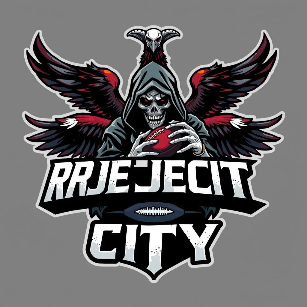 An NFL football-themed logo design that prominently features 'REJECT CITY' branding in aggressive, bold typography at the center