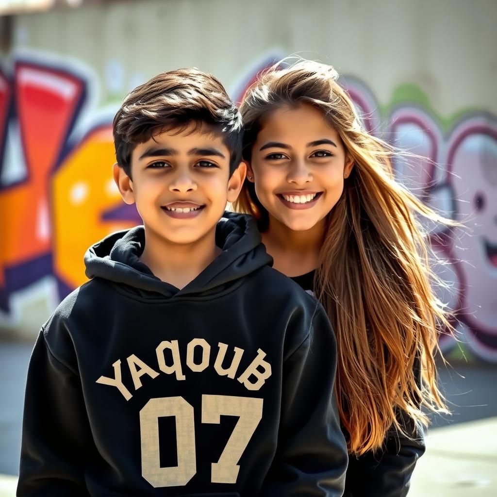 An 18-year-old boy wearing a black hoodie stands in the background, his name 'Yaqoub 07' is written on the hoodie in bold, stylish letters