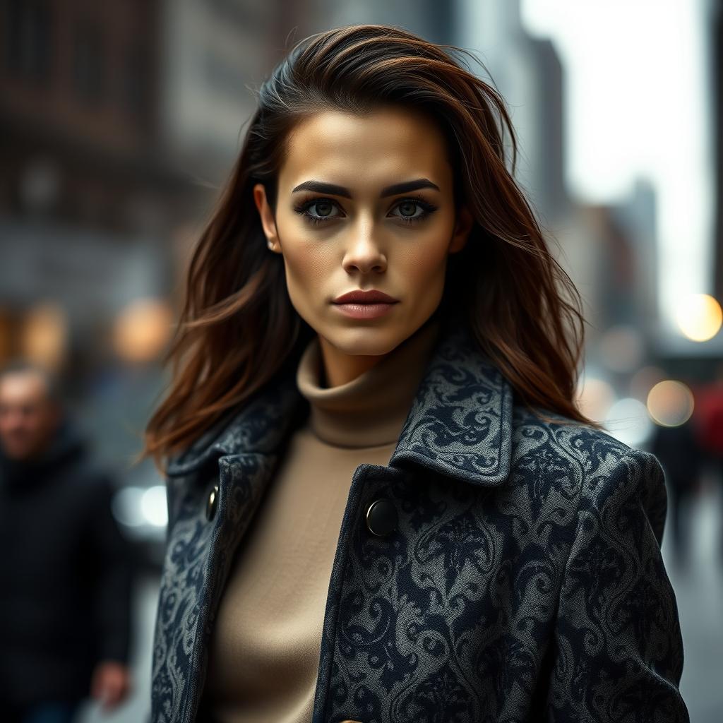 A fashionable person wearing a stylish coat, standing confidently in an urban environment