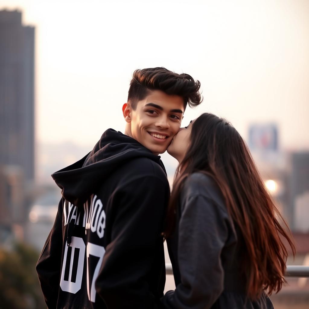 An 18-year-old boy with a confident expression, wearing a black hoodie that has 'Yaqoub 07' printed on the back, stands in the background