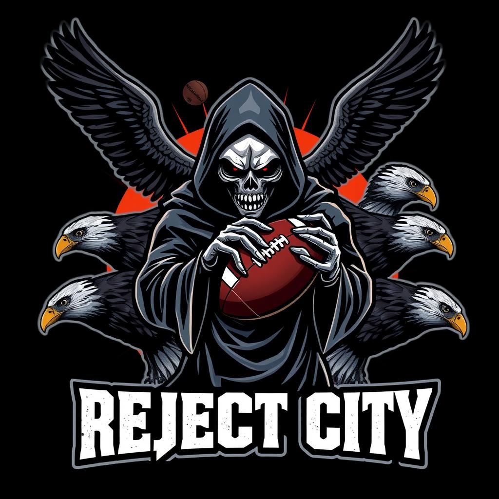 A dynamic NFL football design featuring 'REJECT CITY' branding in bold, aggressive typography at the forefront