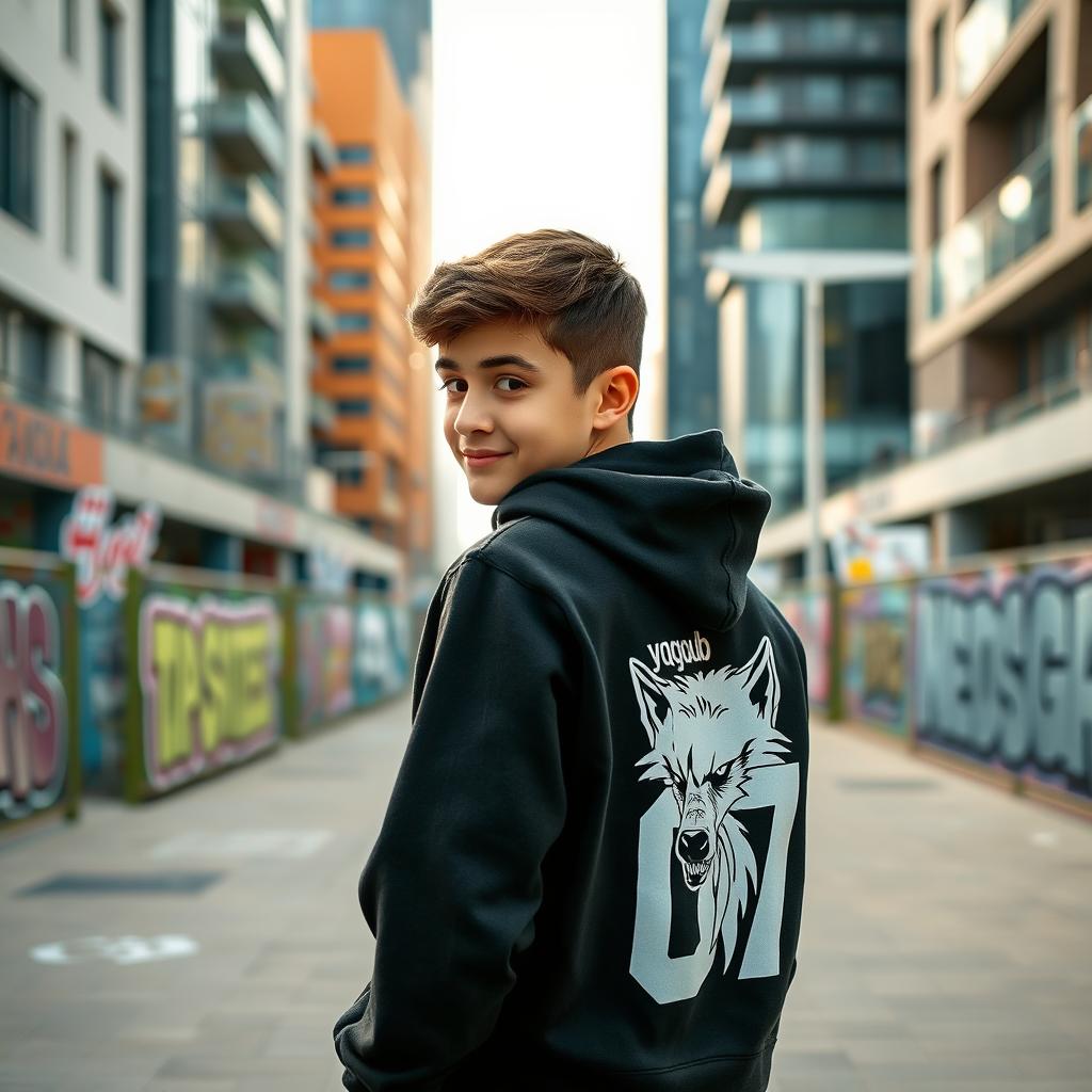 An 18-year-old boy wearing a black hoodie, with the words "yaqoub 07" and a wolf graphic printed on the back of the hoodie