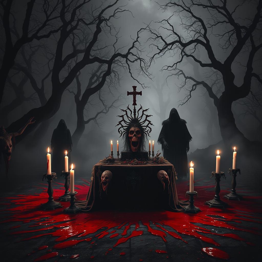 A haunting scene portraying a blood festival, where the atmosphere is filled with darkness and despair