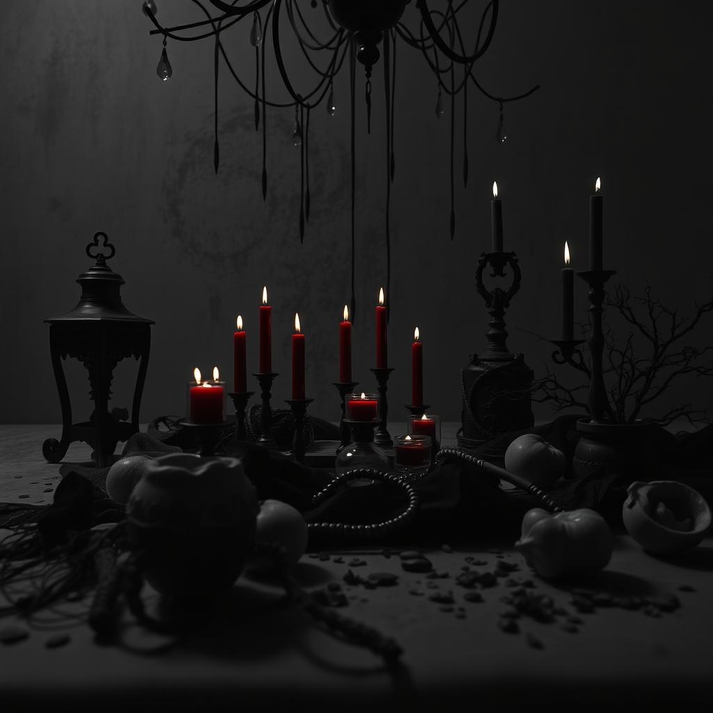 A dark and eerie celebration of blood, set in a monochromatic environment with all elements in black and white